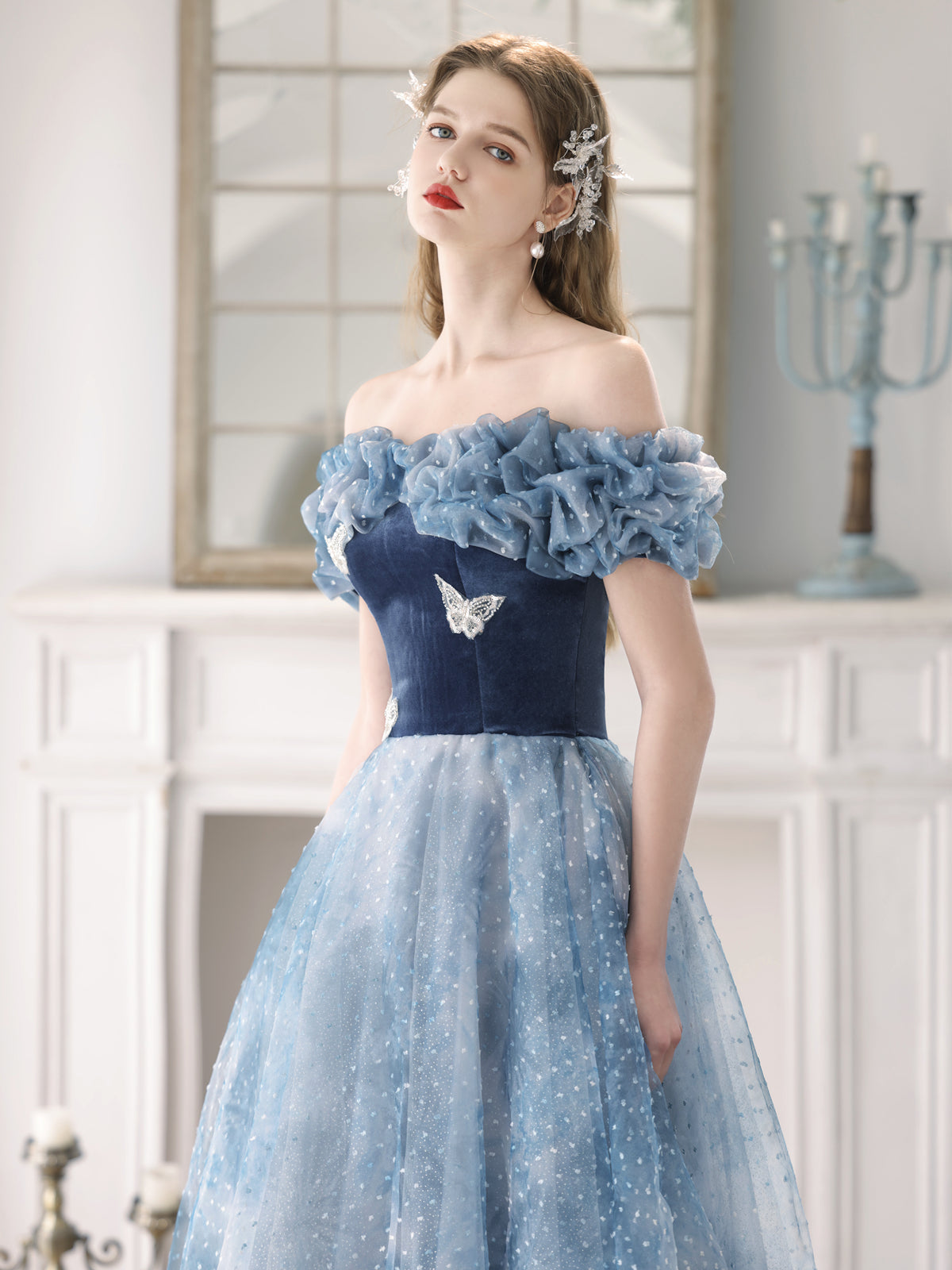 Enchanting Off-Shoulder Blue Tulle Ball Gown with Ruffled Bodice - Harmony Gallery