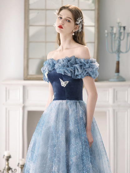 Enchanting Off-Shoulder Blue Tulle Ball Gown with Ruffled Bodice - Harmony Gallery
