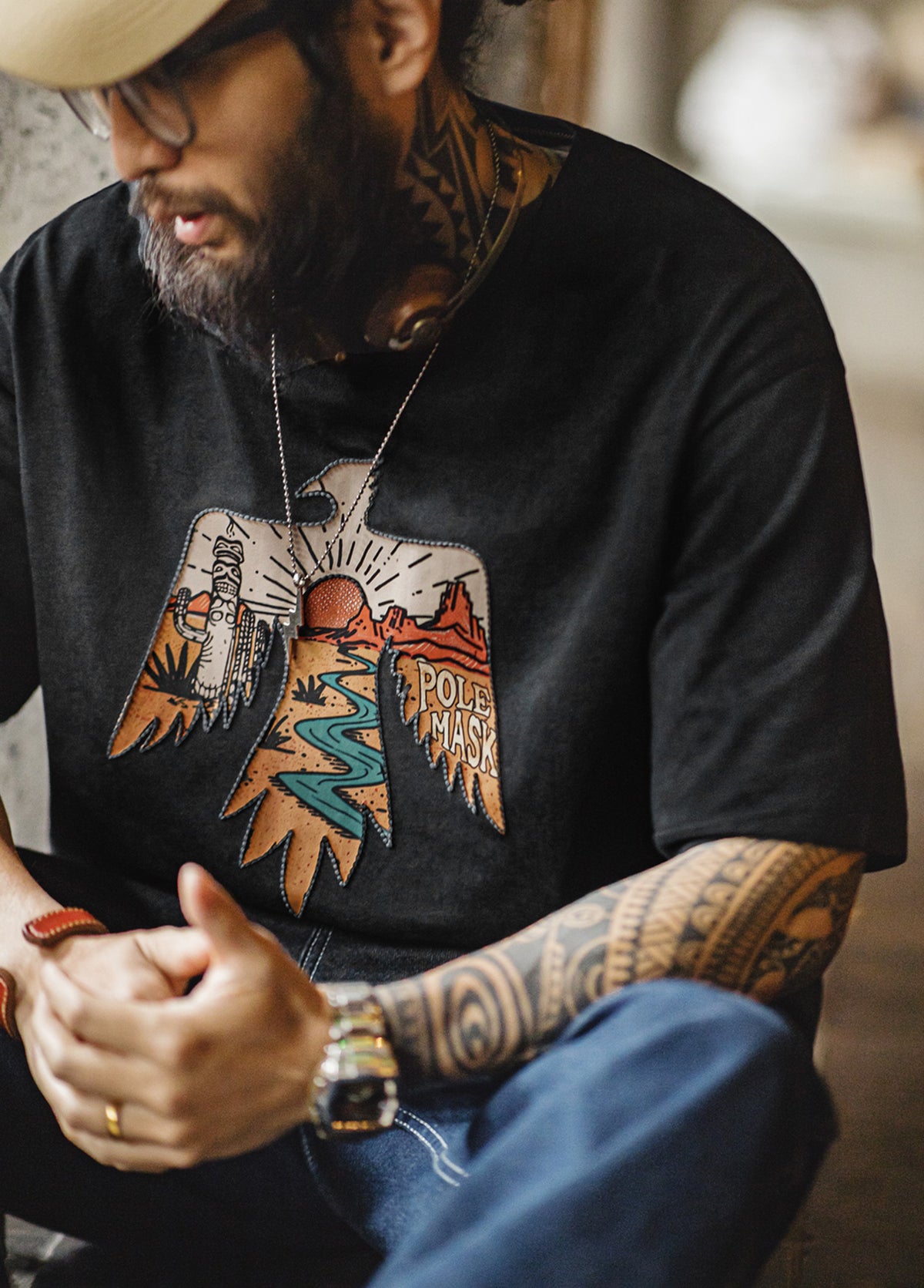 American Retro Thunderbird Cotton Heavy Ethnic Embroidery Print Men's T-Shirt - Harmony Gallery