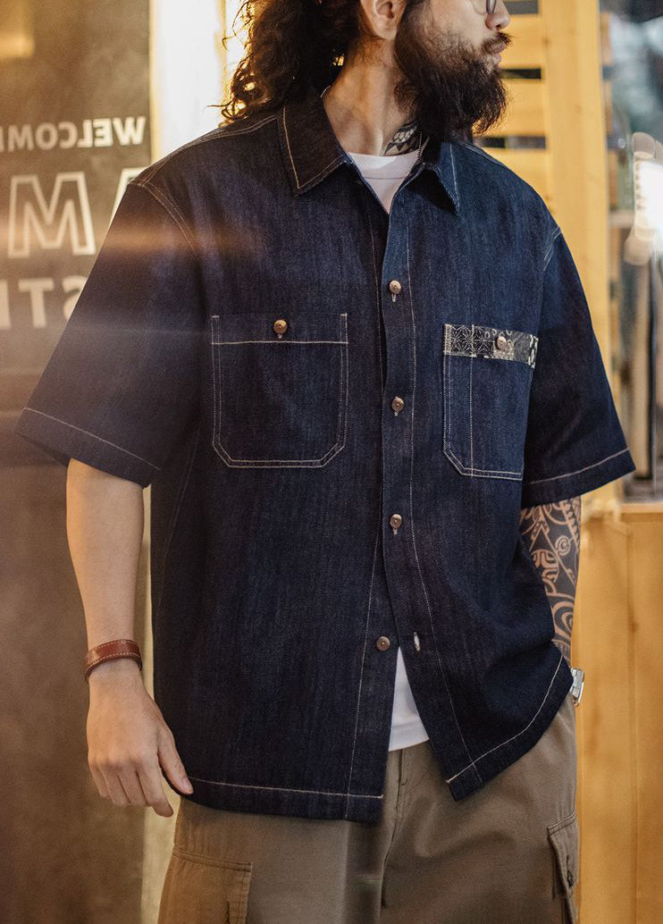 American Retro Boro Denim Resurgence Blue Dye Lapel Men's Shirt - Harmony Gallery