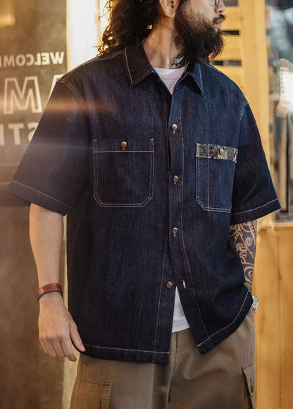 American Retro Boro Denim Resurgence Blue Dye Lapel Men's Shirt - Harmony Gallery