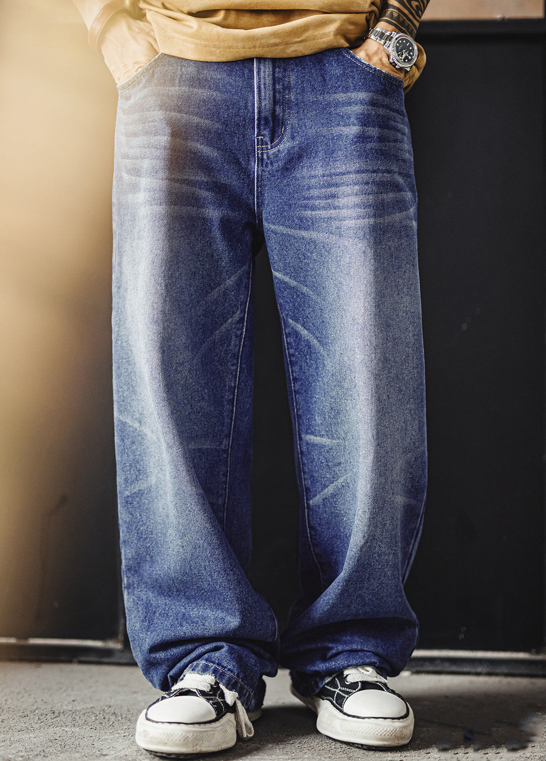 American Washed Denim Blue Cathair Heavyweight Straight-Leg Men's Jeans - Harmony Gallery