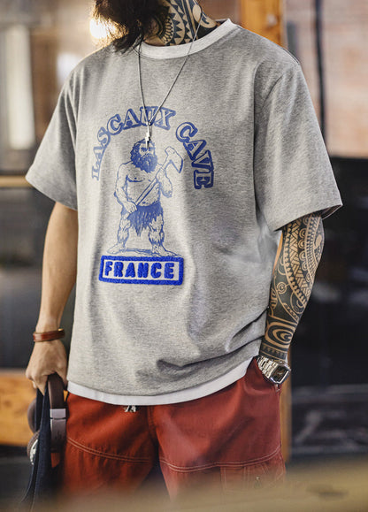 American Retro Ribbed Patchwork Print Pure Cotton Thin Men's T-Shirt