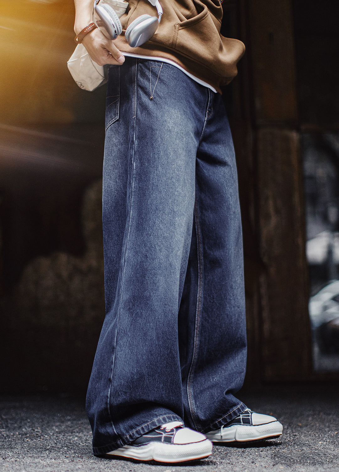 American Retro Washed Curved Denim Flowing Floor-Length Men's Jeans