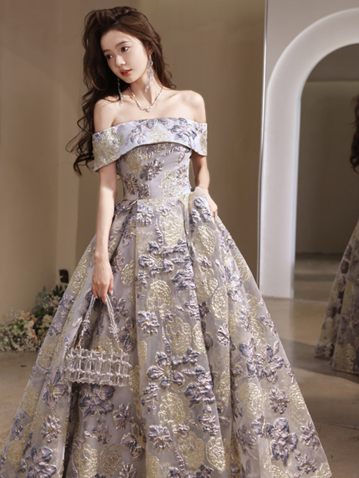 Elegant Lavender and Gold Floral Off-Shoulder Ball Gown - Harmony Gallery