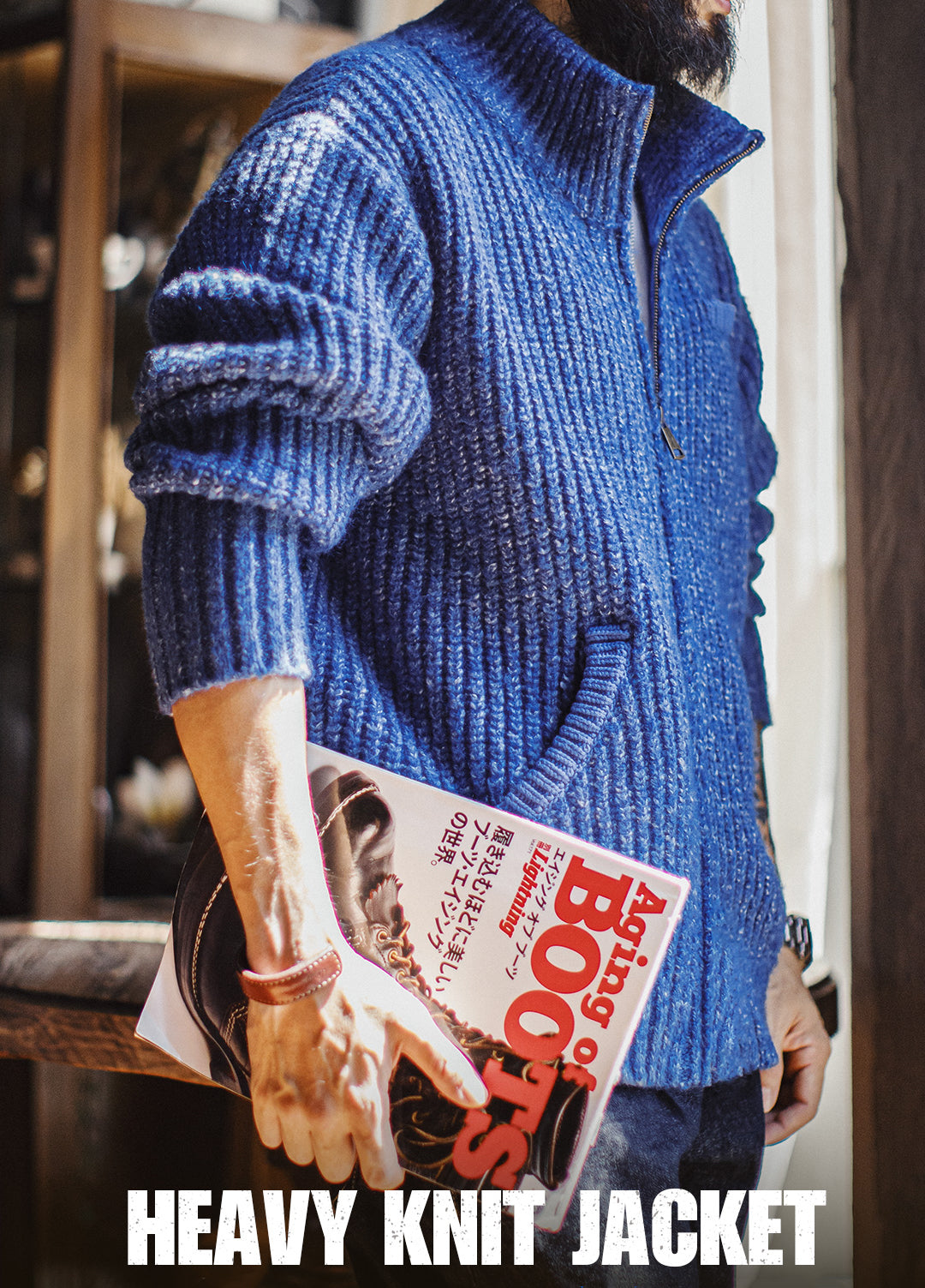American Ice Blue Cardigan Thick High Neck Warm Knitwear Winter Men's Jacket - Harmony Gallery