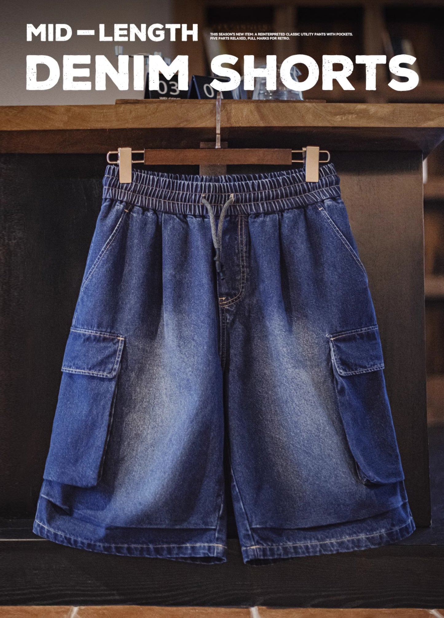 American Retro Washed Blue Embroidered Double Pocket Paratrooper Men's Shorts - Harmony Gallery