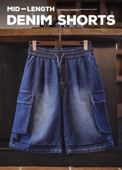American Retro Washed Blue Embroidered Double Pocket Paratrooper Men's Shorts - Harmony Gallery