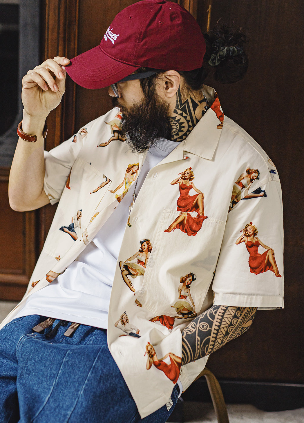 American Retro Full Print Hawaiian Beach Ivory Single Breasted Men's Shirt - Harmony Gallery