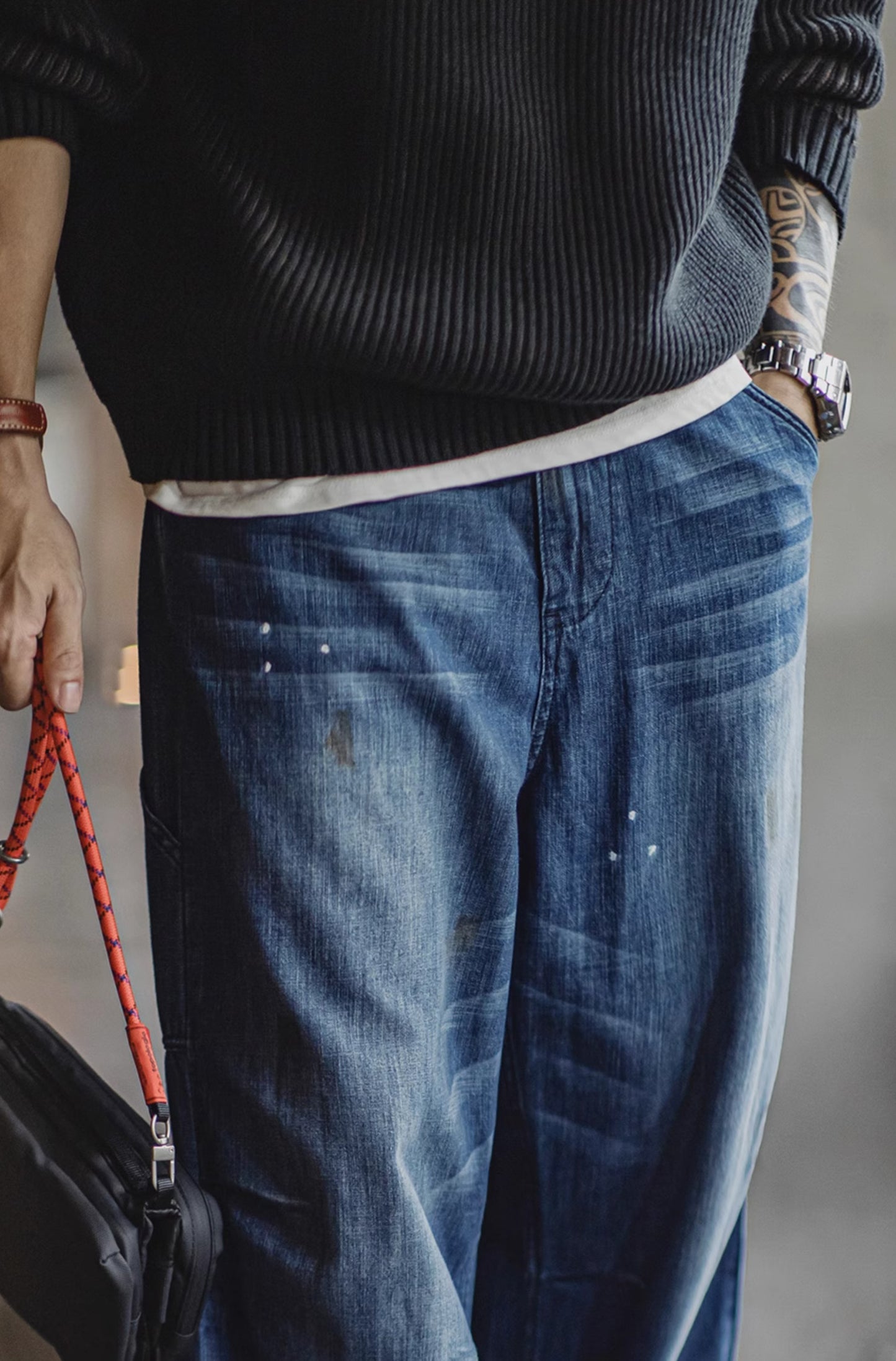 American Distressed White Cat Whisker Washed Ink-Splashed Men's Jeans - Harmony Gallery
