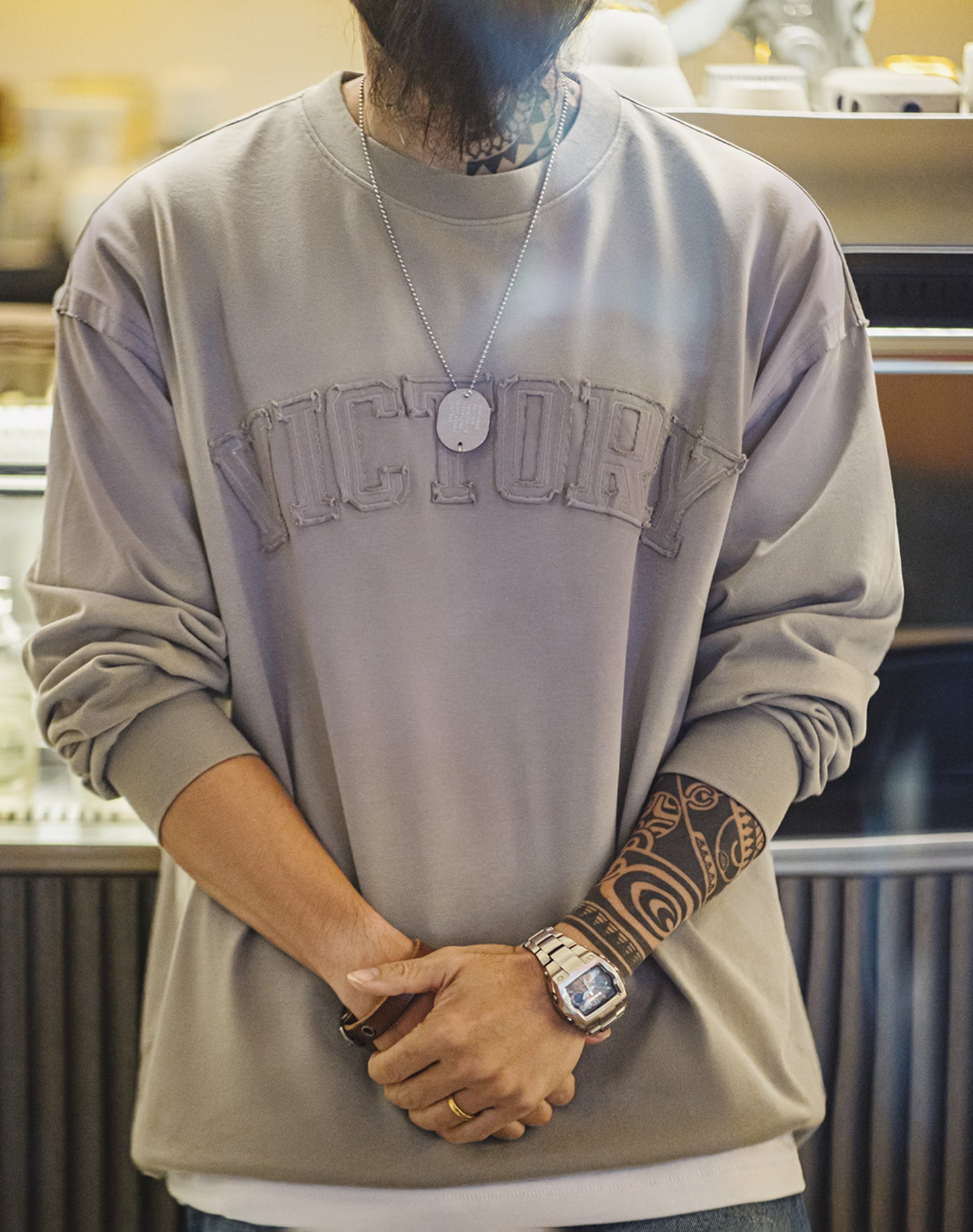 American Retro Letter Patch Gradient Color Washed Men's Sweater - Harmony Gallery