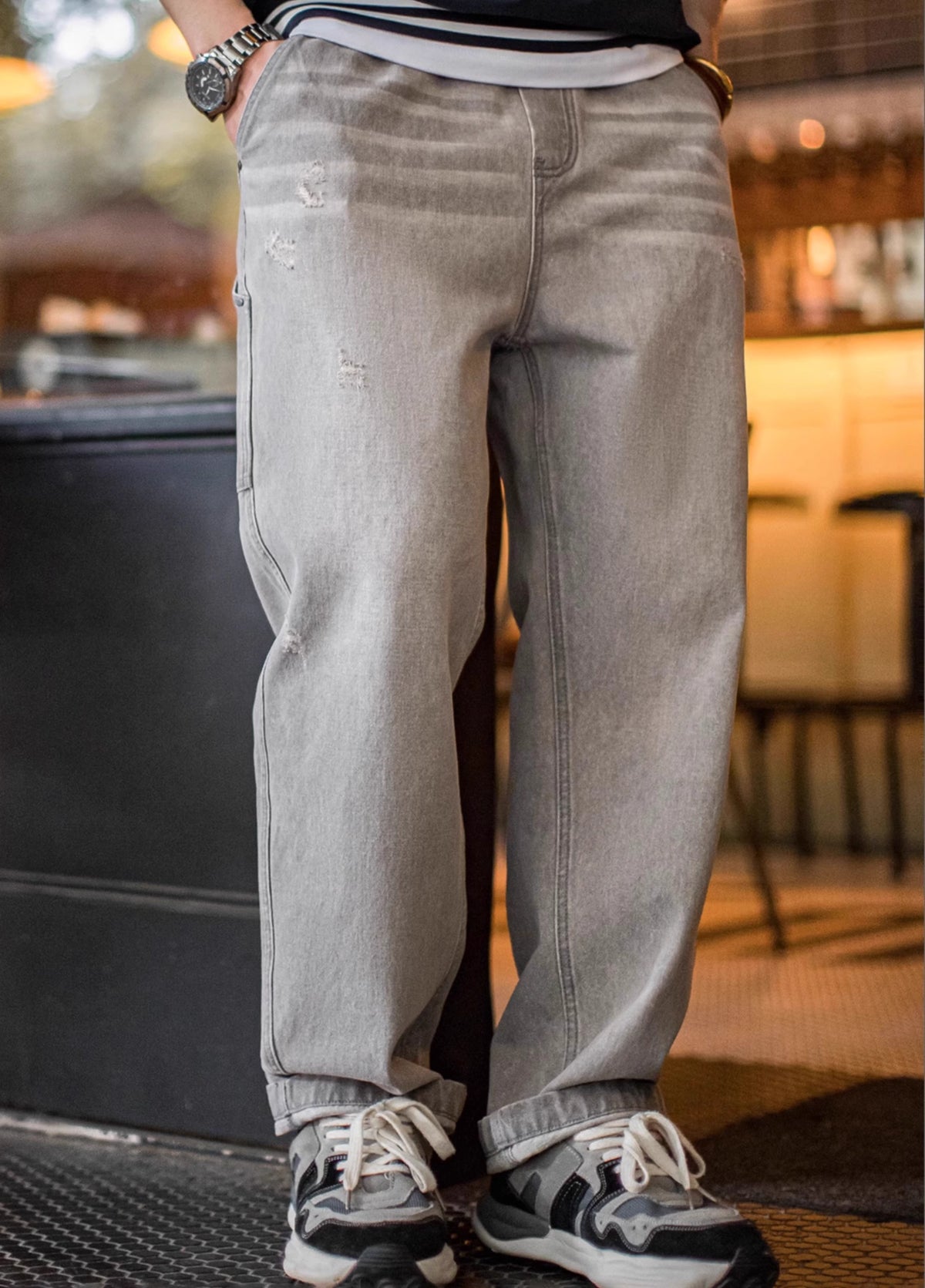 American Retro Washed Old Gray Ripped Cat Whisker Logging Men's Jeans - Harmony Gallery