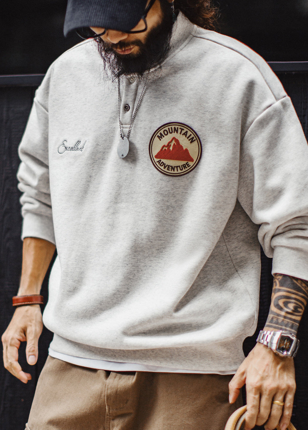American Henley Collar Fleece-Lined Knitted Patch Embroidered Men's Sweater - Harmony Gallery