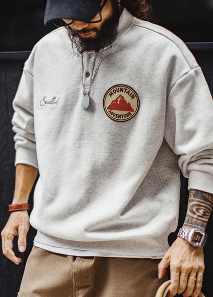 American Henley Collar Fleece-Lined Knitted Patch Embroidered Men's Sweater - Harmony Gallery