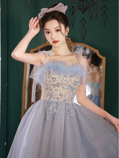 Enchanting Blue and Beige Floral Embroidered Tulle Ball Gown with Feather Trim - Harmony Gallery