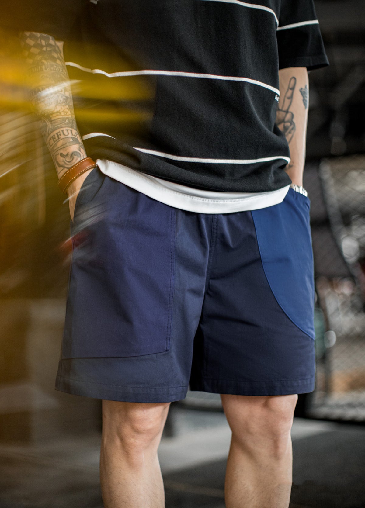 American Patchwork Navy Blue Pure Cotton Juvenile Silhouette Men's Shorts - Harmony Gallery