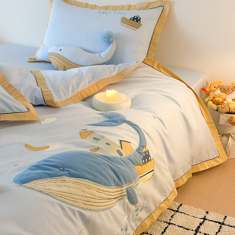 Cute Cartoon Whale For Boy And Girl  Pure Cotton Four-Piece Bed Set - Harmony Gallery