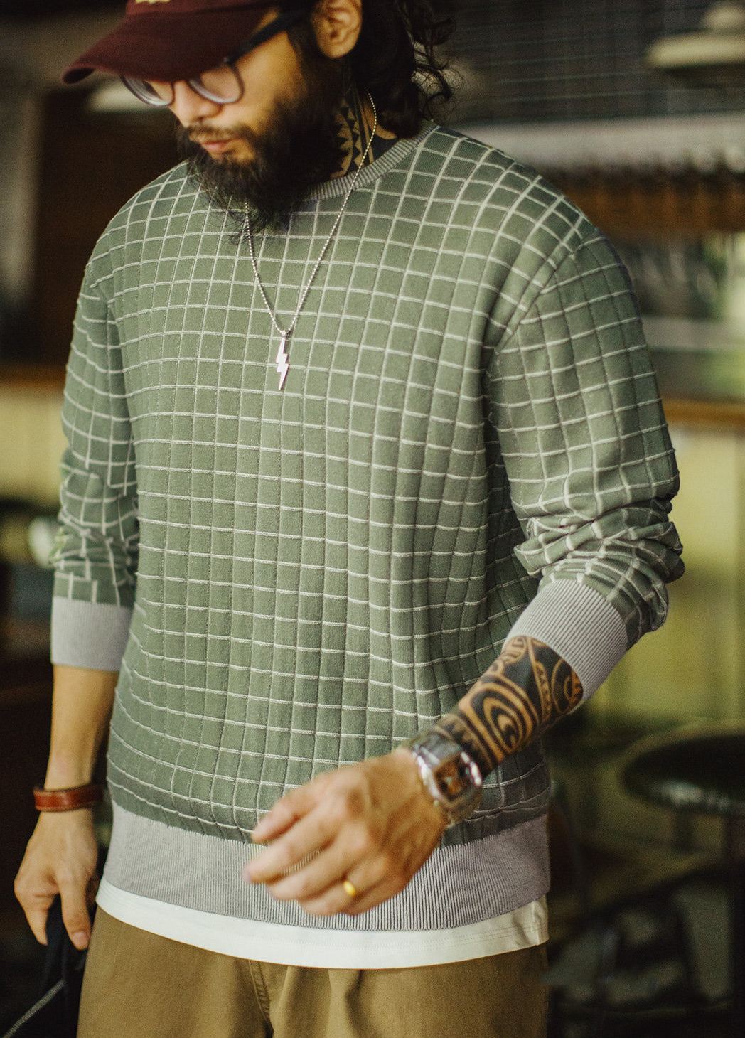 American Retro Vintage Plaid Crew Neck Knitted Pullover Men's Sweater