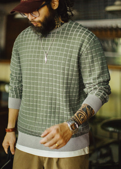 American Retro Vintage Plaid Crew Neck Knitted Pullover Men's Sweater