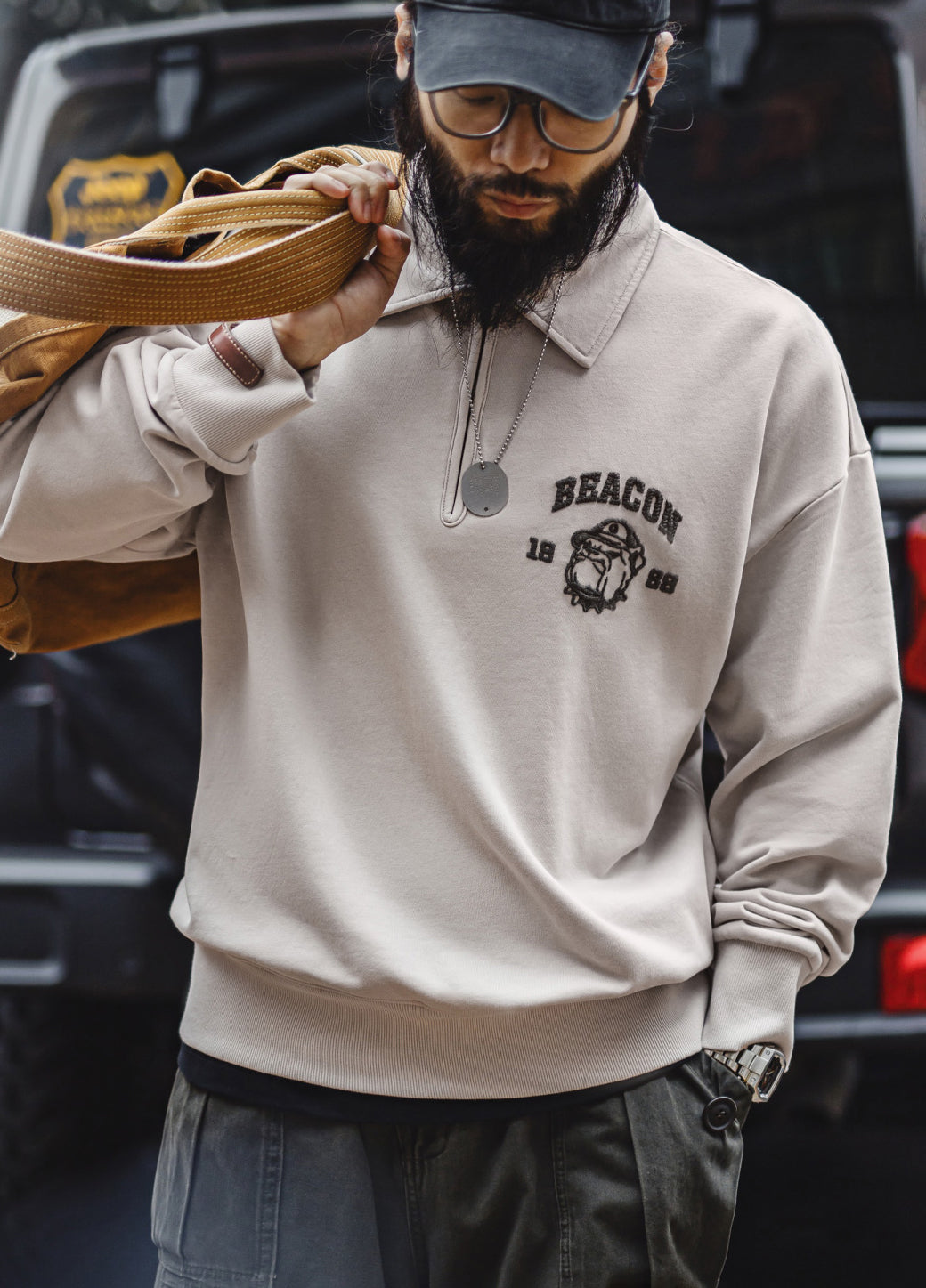 American Retro Three-Dimensional Embroidery Half-Zip Pullover Polo Men's Sweater - Harmony Gallery
