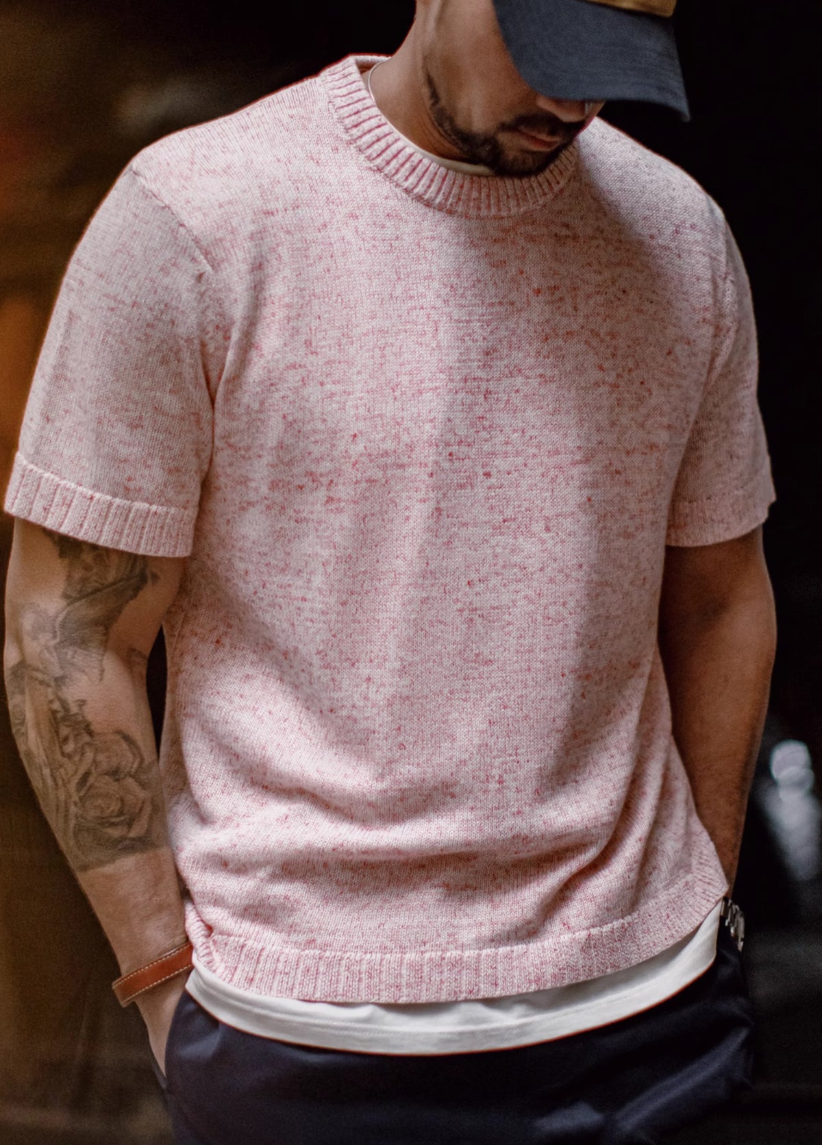 American Mottled Pink Knitted Drape Breathable Thin Threaded Neckline Men's T-Shirt - Harmony Gallery