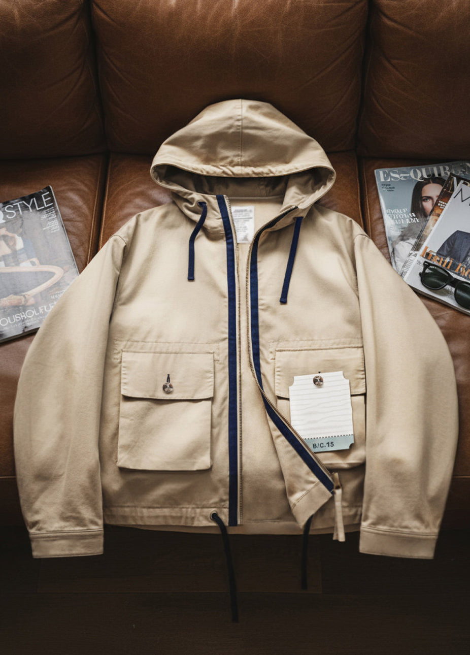 American Multi-Pocket Pure Cotton Canvas Hooded Thin Daily Men's Jacket