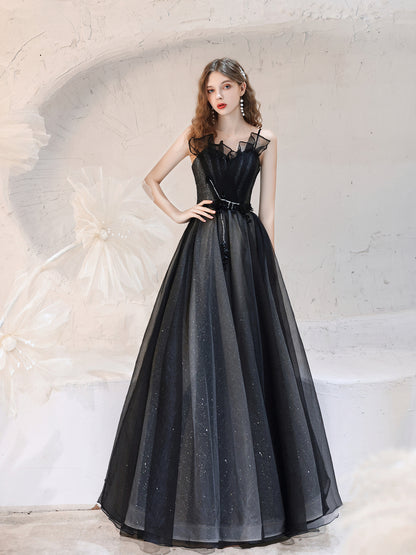 Elegant Black Sparkling Tulle Ball Gown with Ruffled Bodice - Harmony Gallery