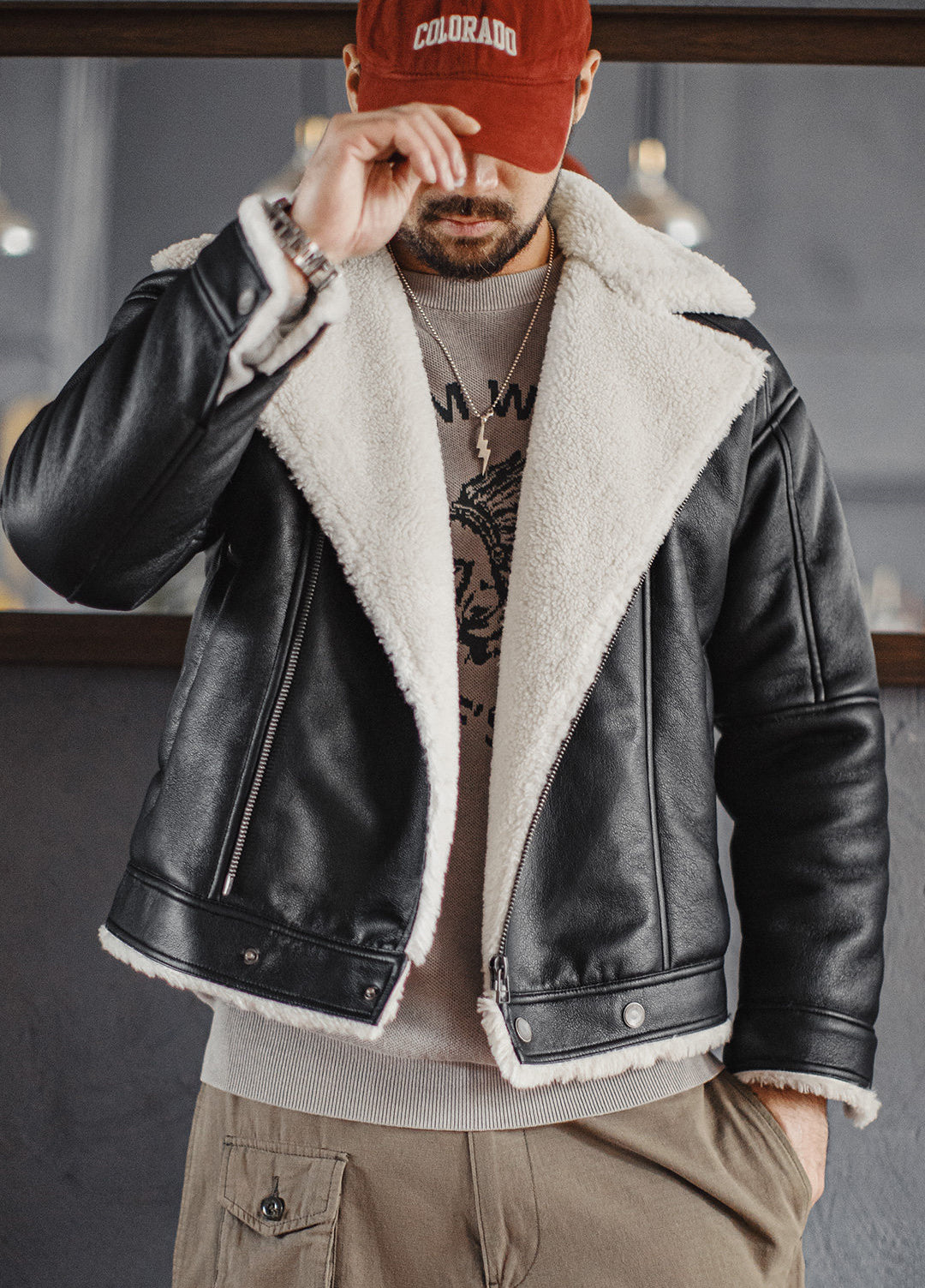 American G1 Flight Bomber Faux Textured Lambswool Lychee Leather Men's Jacket - Harmony Gallery