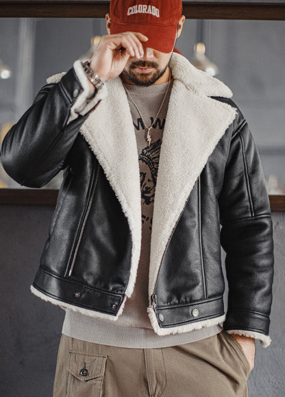 American G1 Flight Bomber Faux Textured Lambswool Lychee Leather Men's Jacket - Harmony Gallery