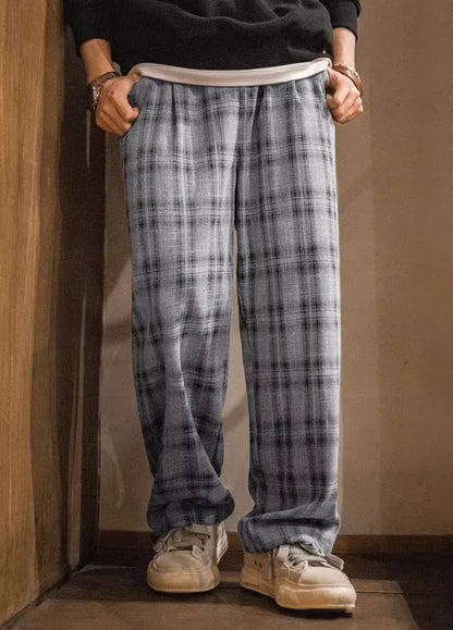 American Retro Wide-Leg Plaid Thin Drawstring Straight Men's Trousers - Harmony Gallery