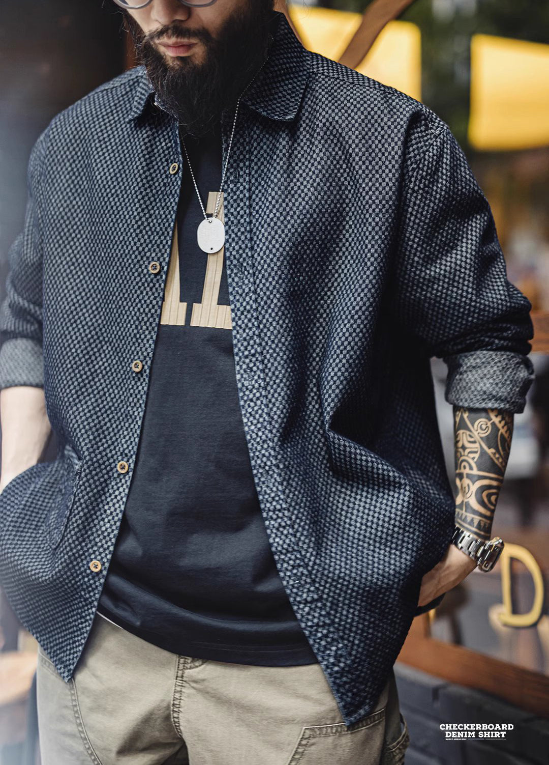 American Retro Checkerboard Plaid Denim Lapel Long-Sleeved Men's Shirt - Harmony Gallery
