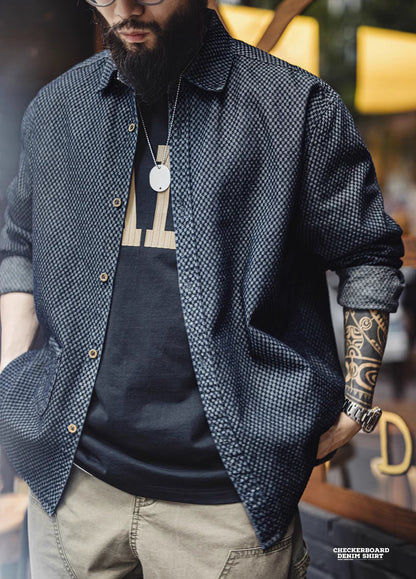 American Retro Checkerboard Plaid Denim Lapel Long-Sleeved Men's Shirt - Harmony Gallery