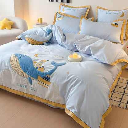 Cute Cartoon Whale For Boy And Girl  Pure Cotton Four-Piece Bed Set - Harmony Gallery