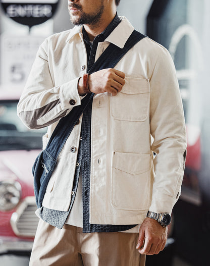 French Retro Heavy Cotton Seed Shell Twill Corduroy Patchwork Men's Jacket - Harmony Gallery