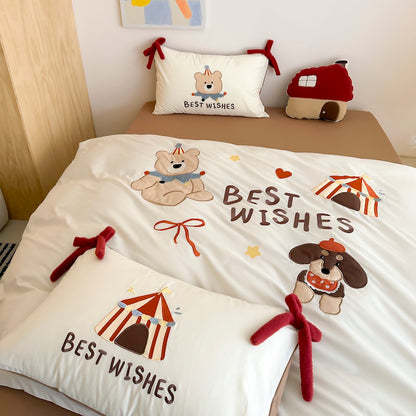Cartoon Circus Bear Embroidery Pure Cotton Long Staple Four-Piece Bed Set - Harmony Gallery