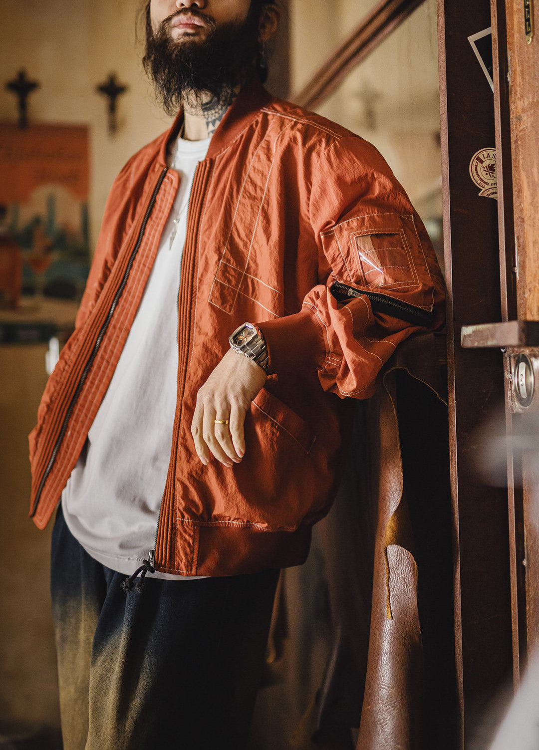 American Bright Line Bomber Pilot Thin Brick Red Baseball Men's Jacket