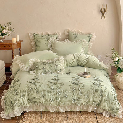 French Romantic Girly Four-Piece Thickened Coral Fleece Warm Bed Set - Harmony Gallery