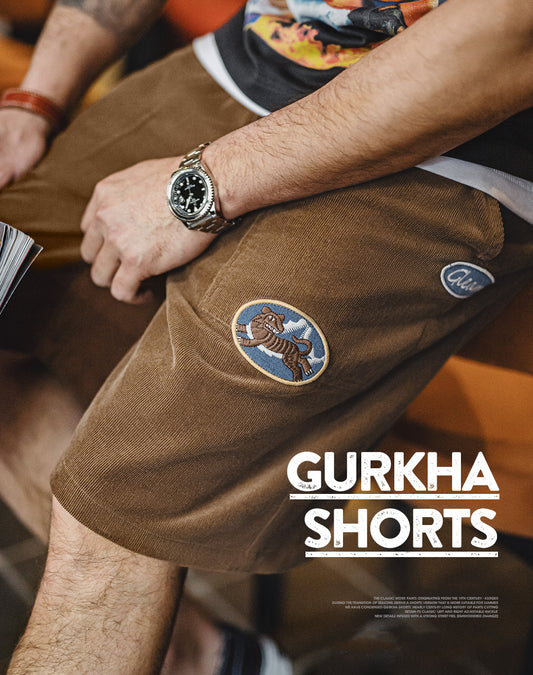 American Retro Brown Corduroy Street Embroidery Loose Men's Shorts - Harmony Gallery