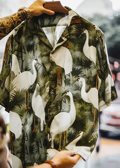 American Retro Crane Flower Pine Crane Green Tencel Hawaiian Men's Shirt - Harmony Gallery