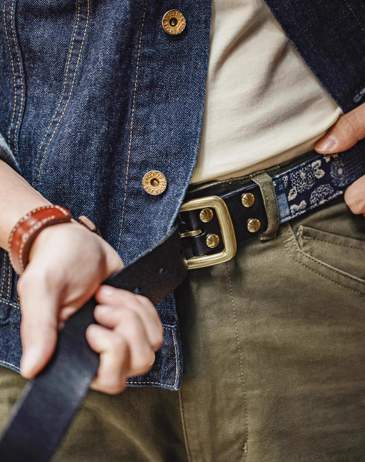 Retro Workwear Ancient Printed Tanned Cowhide Men's Belt - Harmony Gallery