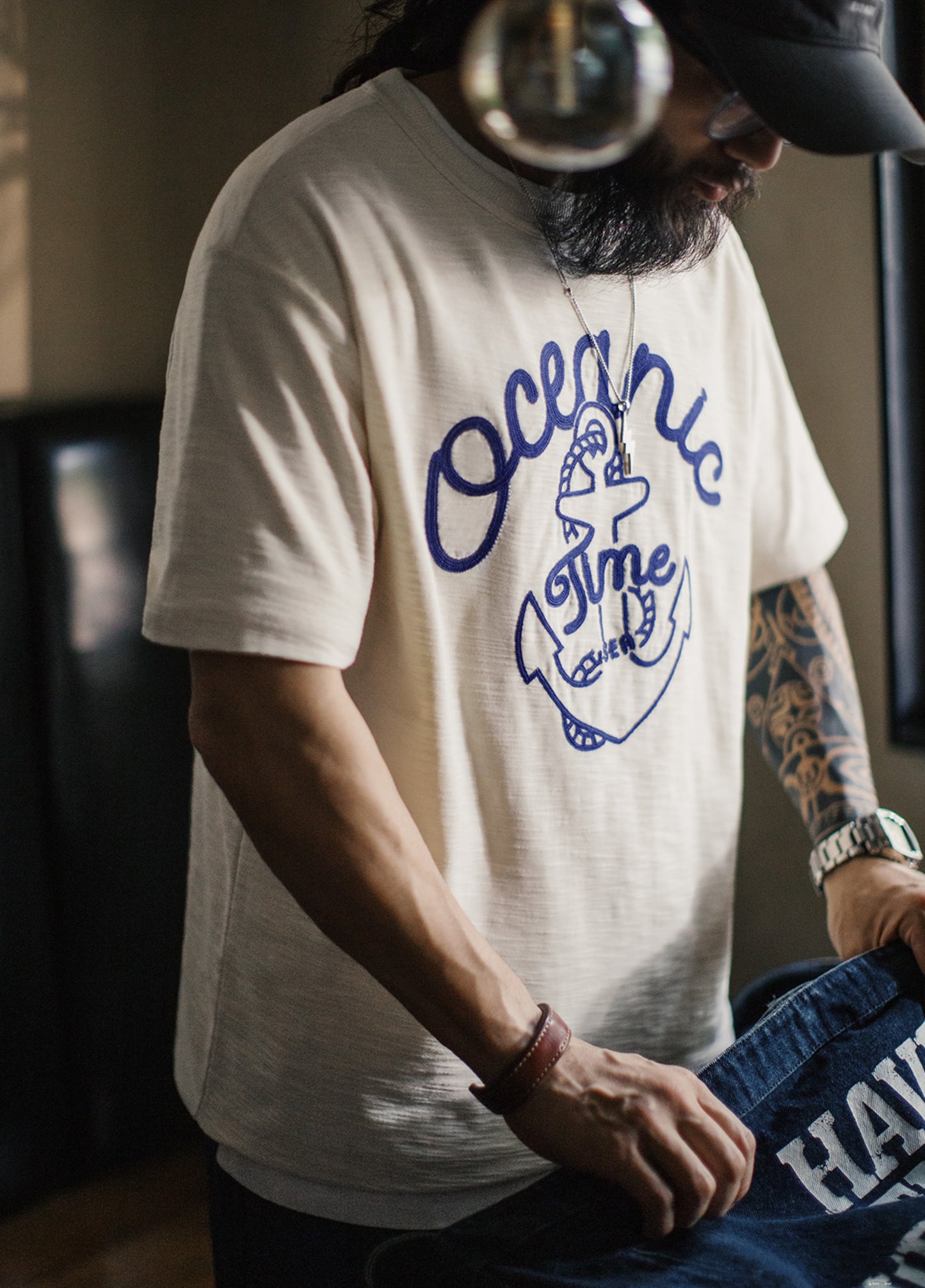 American Retro Navy Embroidered Heavy Bamboo Ribbed Collar Men's T-Shirt - Harmony Gallery