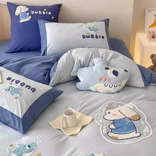 Cute Cartoon Bubble Shark Washed Four-Piece Pure Cotton Bed Set - Harmony Gallery