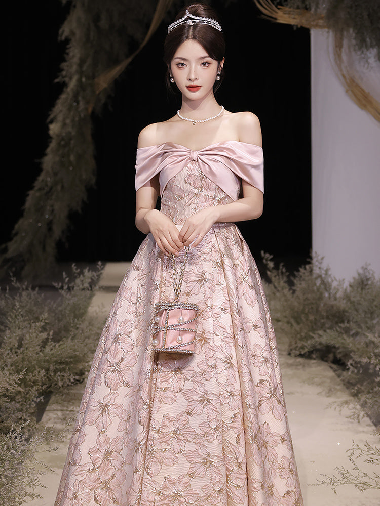 Elegant Pink Off-Shoulder Floral Embroidered Ball Gown - Harmony Gallery