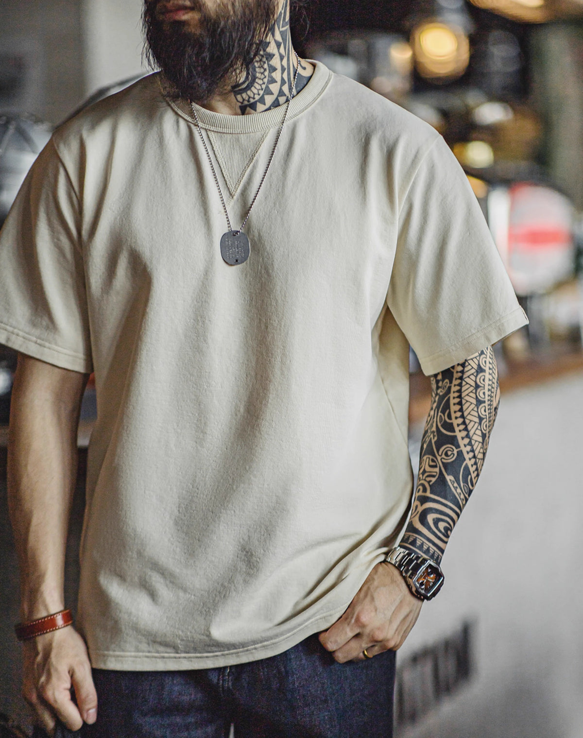 American Workwear Retro Off-Shoulder Two-Pin Bottoming Men's T-Shirt - Harmony Gallery