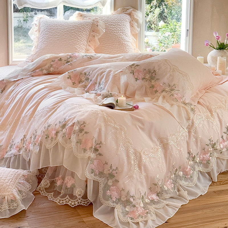 French Princess Cotton Long-Staple Four-Piece Lace Trim Mattress Protector Bed Set - Harmony Gallery
