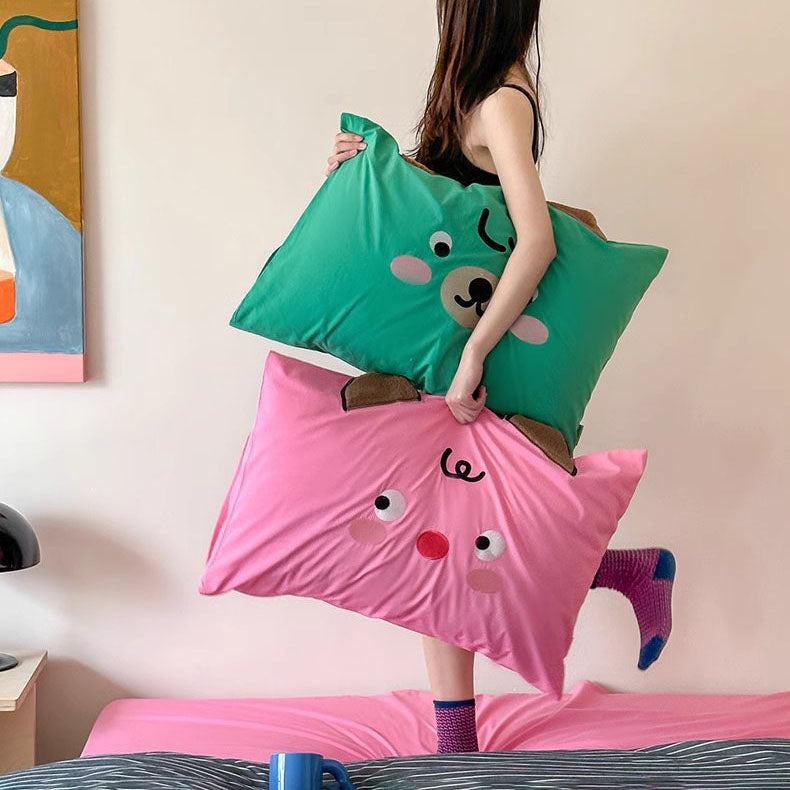 Cute Cartoon Creative Contrasting Color Washed Four-Piece Cotton Bed Set - Harmony Gallery