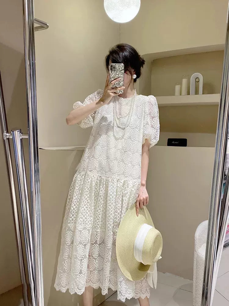 French Fairy Lace Royal Puff Sleeve High-End Women's Dress - Harmony Gallery