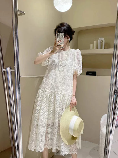 French Fairy Lace Royal Puff Sleeve High-End Women's Dress - Harmony Gallery