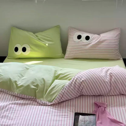 Big Eyes Contrasting Color Washed Four-Piece Pure Cotton Bed Set - Harmony Gallery