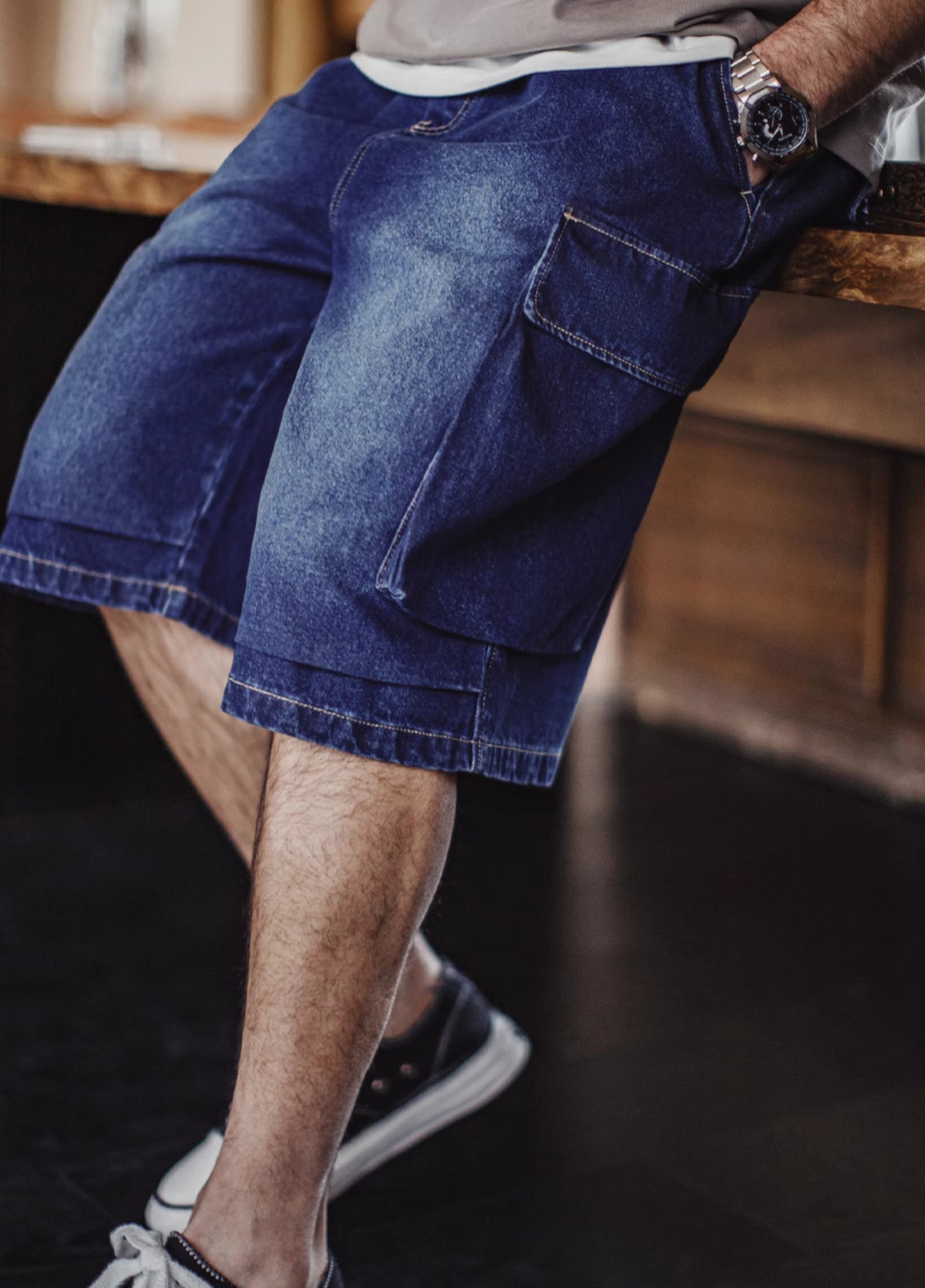 American Retro Washed Blue Embroidered Double Pocket Paratrooper Men's Shorts - Harmony Gallery